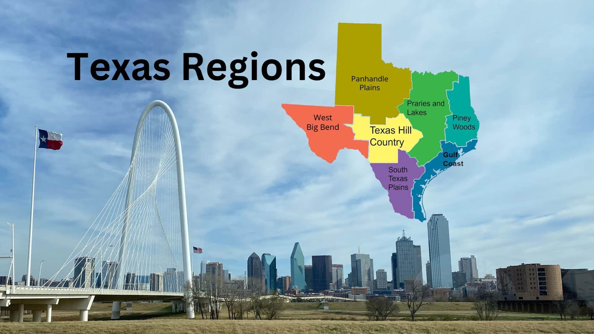 View of a downtown Texas city with the words Texas Regions in black and a regional map of Texas showing all of the different regions